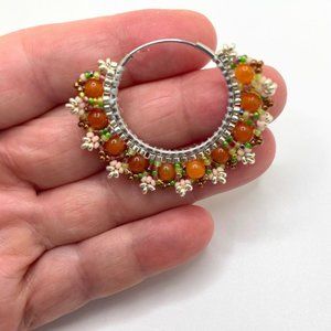 Silver Metal Wire Hoop.  Hand-Beaded "Belle Fleur" (beautiful flower) Earrings